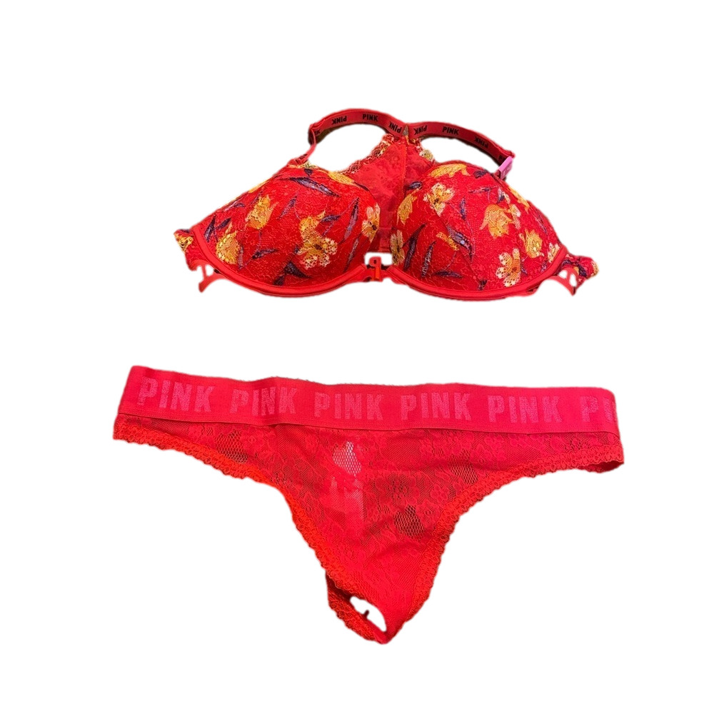 Victoria's Secret PINK Floral Lace Date Push Up Bra & Thong Set Red 36C Large